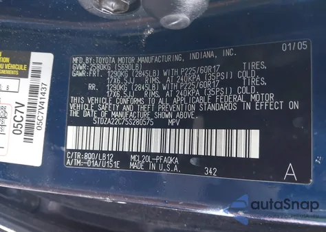 2005 Toyota Sienna Xle Limited из США, поврежденный, VIN 5TDZA22C75S280575